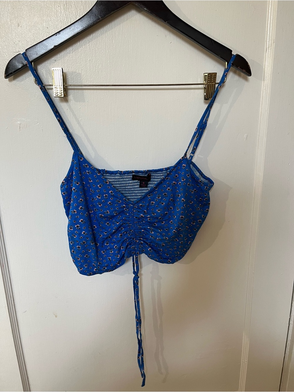 NWT Material Girl Blue Floral Ruched Crop Top Medium Smocked Drawstring Cami